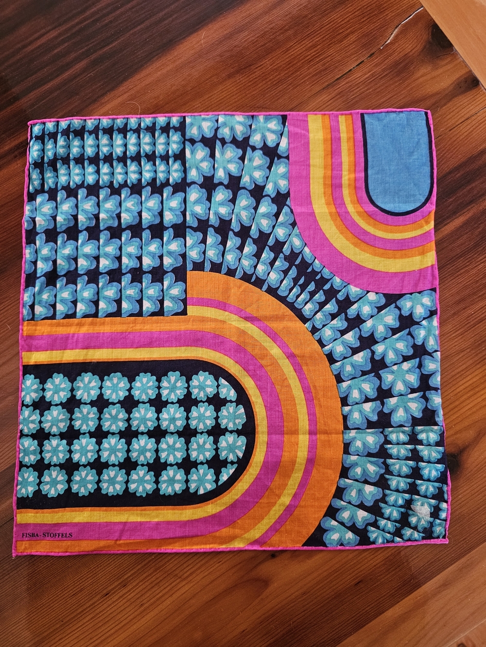 Vintage FISBA STOFFELS Floral Geometric Handkerchief - Pink, Orange, Blue